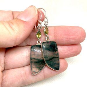 Green Moss Agate Solid Sterling Silver Earrings. Peridot Accents.